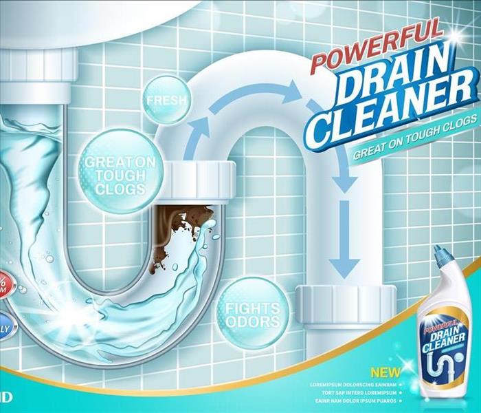 Advertisements drain cleaners, water pipe detergent with clear piping section in 3d illustration.